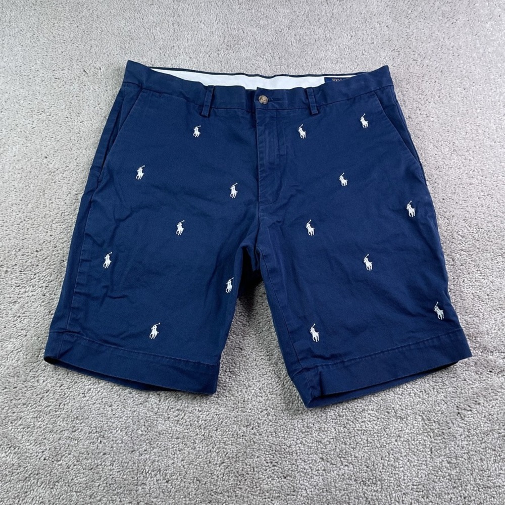 Polo Ralph Lauren Shorts Mens 34 Navy Blue Stretch Slim Fit Pony All Over Print